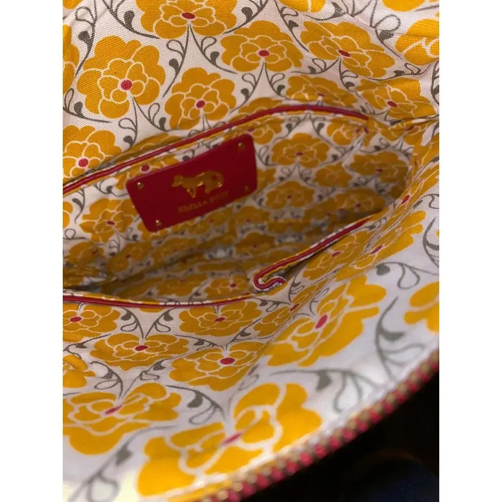 Emma Fox Red Pebbled Leather Foldover Clutch Bow Detail Floral Lining